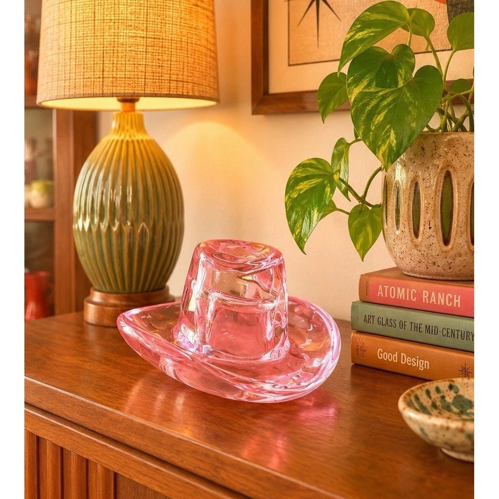 Vintage Blenko  Glass Handcrafted Hand Blown Pink Glows Mini Cowboy Hat Retro